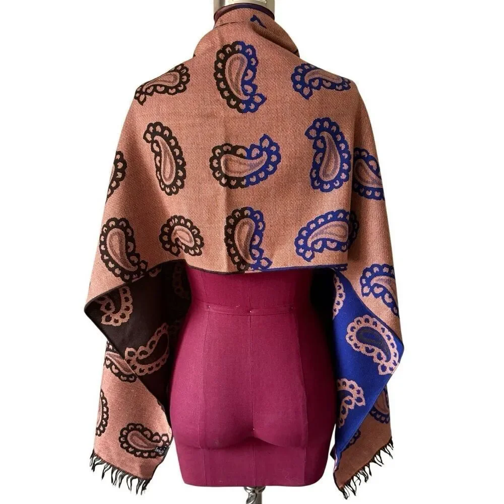Seaward & Stearn London Paisley Scarf Wool Silk Brown Blue‎ Made in Italy